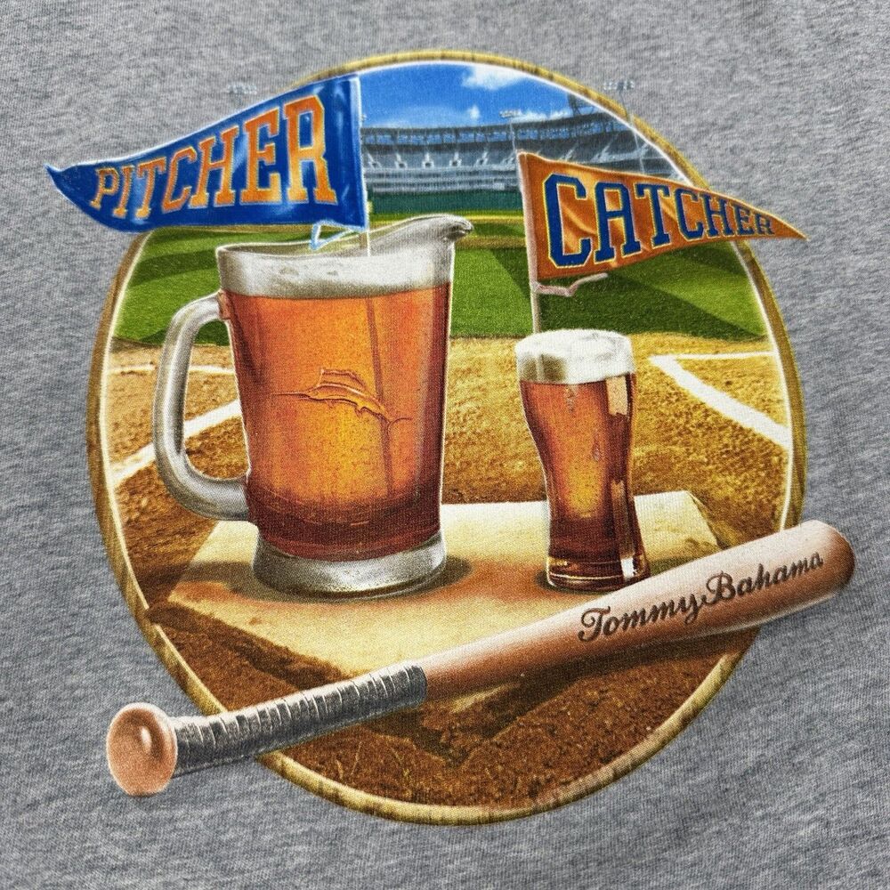 Tommy Bahama Pitcher Catcher Baseball Beer Graphic Short Sleeve Tee Gray Men XL